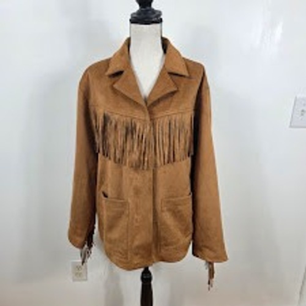 Abercrombie & Fitch Fringe Jacket Women‎ Large Tan Vegan Suede Western Boho NEW - Picture 2 of 12